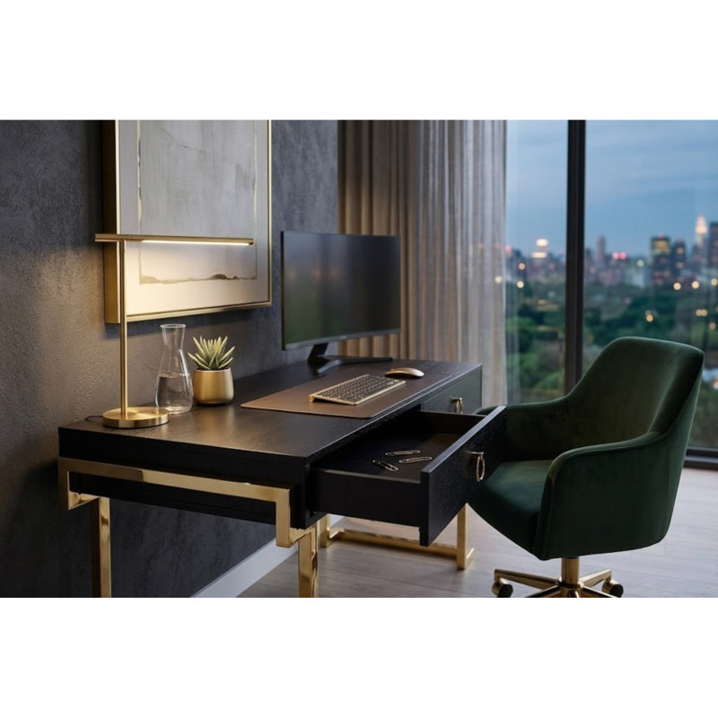 Pangea Home Julia Modern Contemporary Glam Office Desk – 2 Drawers - Wood Veneer with Steel Legs, Black/Gold