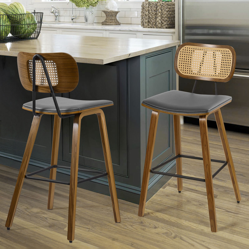 26" Modern Upholstered Low Back Rattan Wood Counter Height Stool, Gray Faux Leather, 2, Counter Stool (26"" Seat Height)