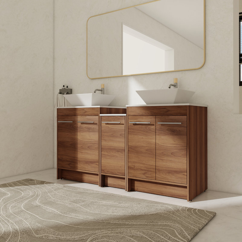 Meuble-lavabo autoportant de 58,89 po avec double vasque en céramique blanche Dawane