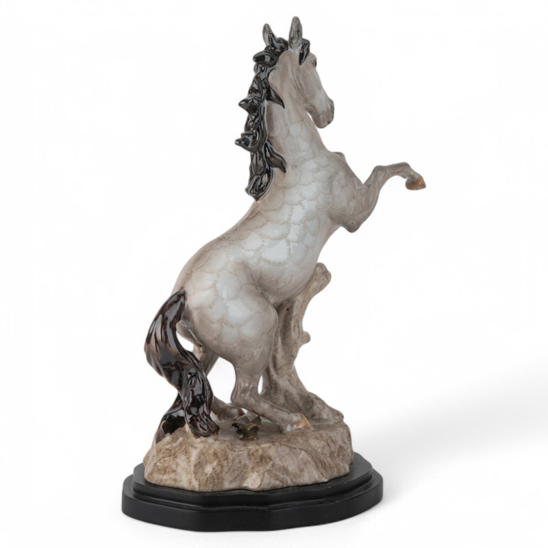 Porcelain Horse Figurine With Small Bronze Grass Accents on Wood Base