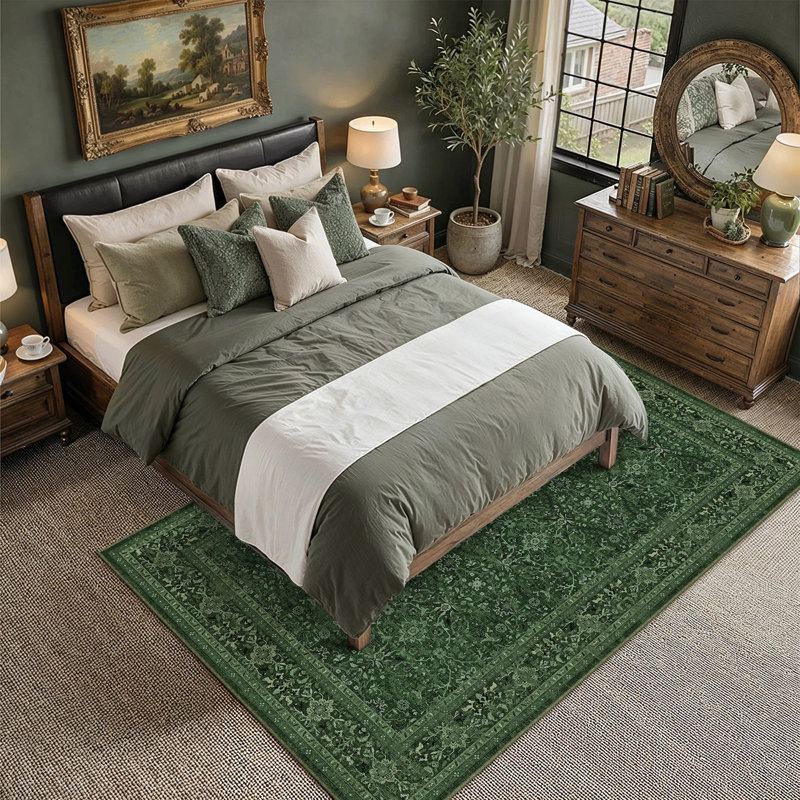 Tapis floral rétro Lumora, Green, Rectangle 7 pi 9 po x 9 pi 9 po
