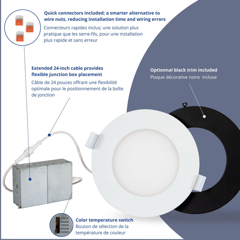 Luminaire encastré à DEL mince de 4 pouces avec boîte de jonction détachée Luminus Basix, homologué IC, 5 TCE, 600 lumens, 9 watts, à intensité variable, 50 000 heures - paquet de 10
