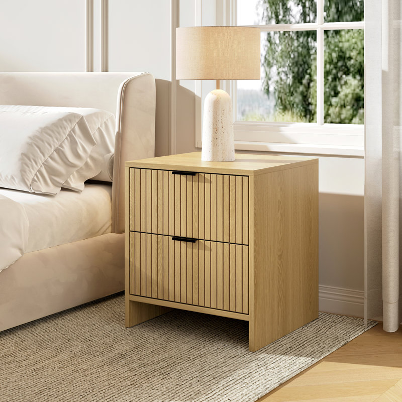 Modern Nightstand With 2 Drawers, Fluted Sofa Side End Table, Wood Bedside Table Night Stand For Living Room, Bedroom, Natural Oak