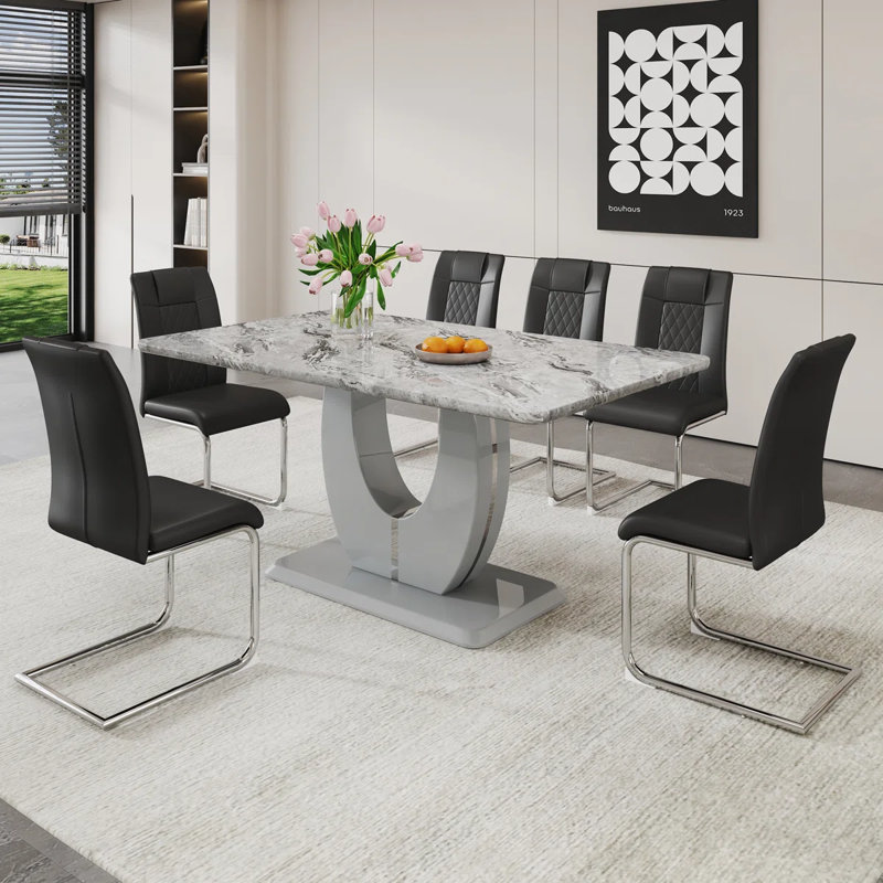 Kimara 7-Piece Modern 63" Rectangular Faux Marble Pedestal Dining Set, Black, 7 Pieces: Table, 6 Chairs