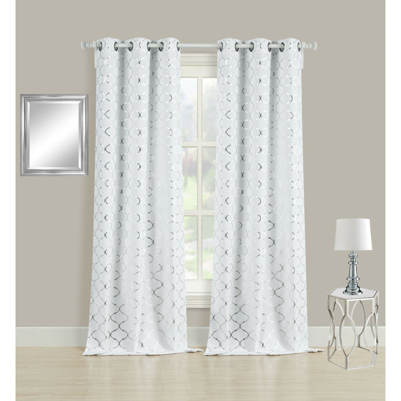Vola 2pck Cotton Blend Shabby Quatrefoil Luxurious Grommet Curtain Panels, 38" W x 108" L, Silver