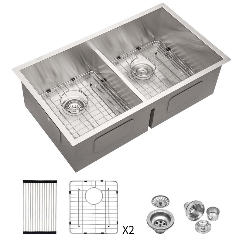 Évier de cuisine à double cuve (50/50) à double cuve encastrable 28 po x 19 po avec deux cuves de profondeur de calibre 16