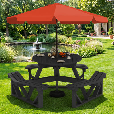 Gray HDPE 6-Person Outdoor Convertible Picnic Table Set With Pumpkin 9 Ft. Market Umbrella