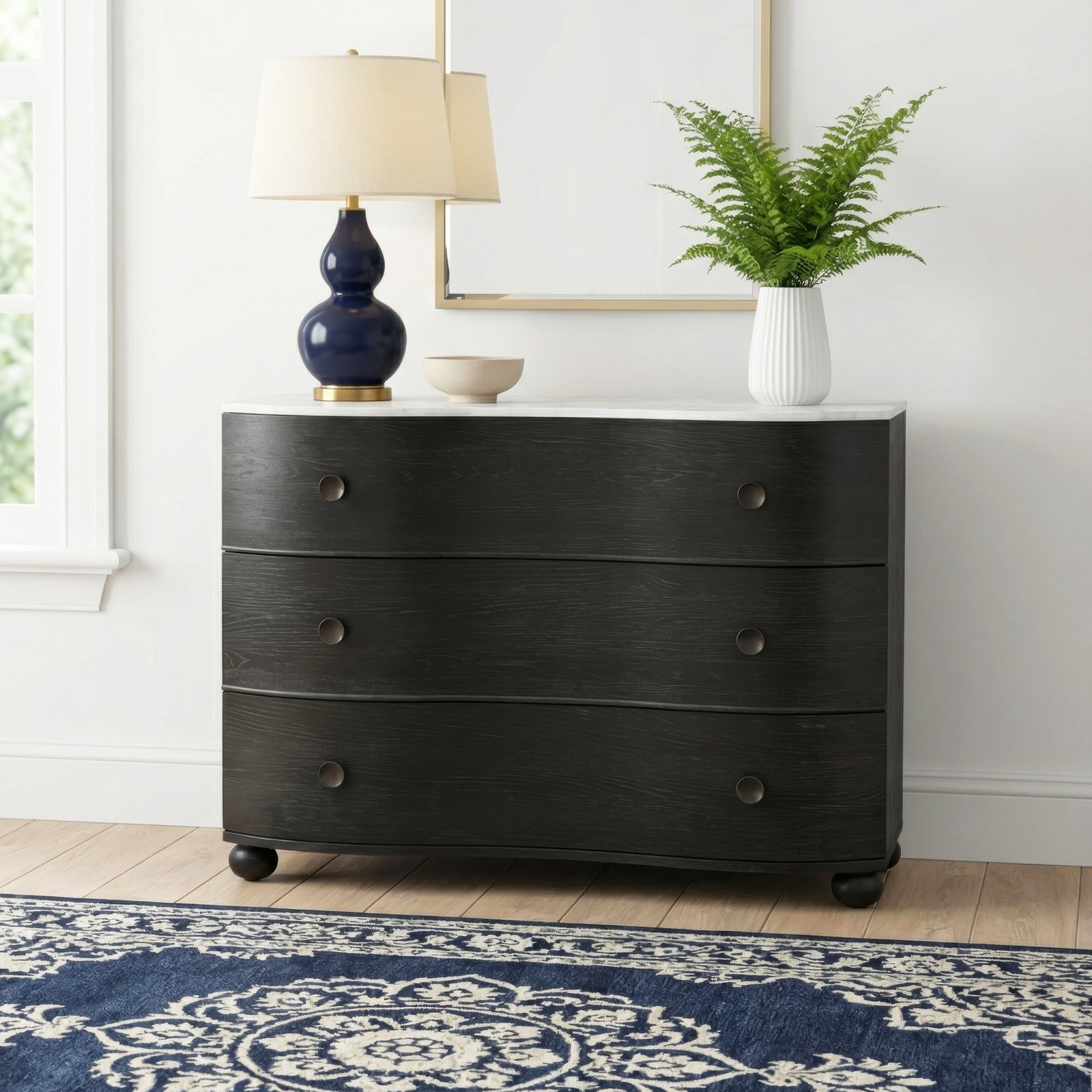 Tariel 3 - Drawer Dresser, Black/Polished White Marble