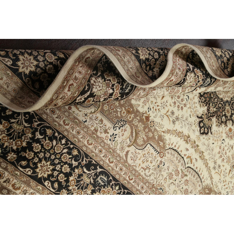 Tapis ivoire en laine noué à la main de conception unique 9 pi 11 po x 10 pi 3 po