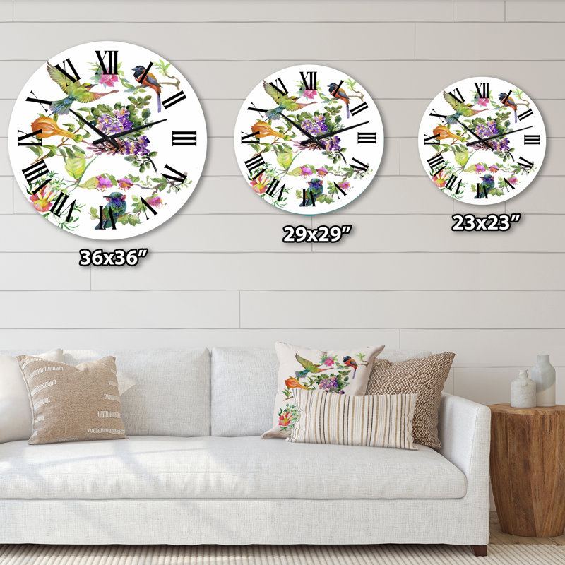 Fleurs tropicales et oiseaux colorés II - Horloge murale traditionnelle, Moyenne