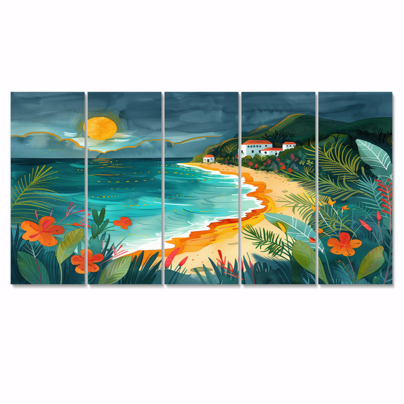 Ensemble de salon art mural orange plage verte au Mexique I - plage, H 32 po x l 80 po