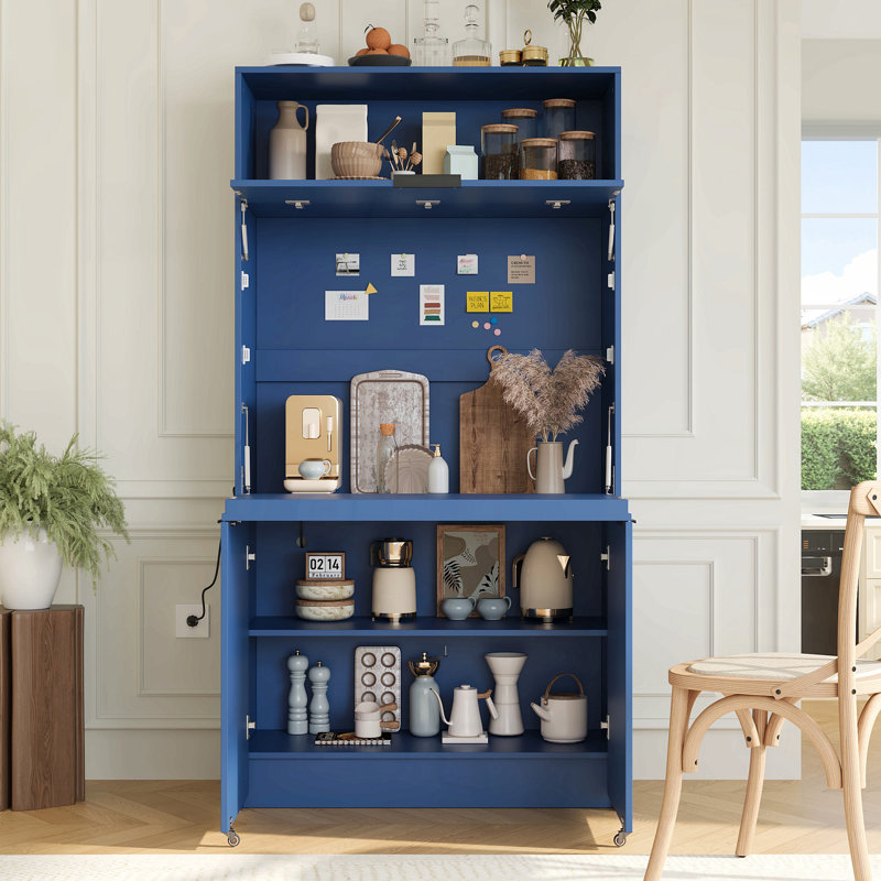 Garde-manger compact, buffet de 69 po de hauteur avec huche et poste de travail pliable, armoire de rangement multifonctionnelle avec tablette réglable et prise de courant pour la salle à manger et le salon
