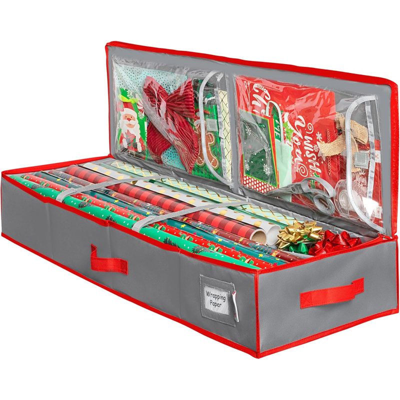 Wrapping Paper Storage Container. Fits Up To 27 Rolls 1.37" Diam., Gray/Red