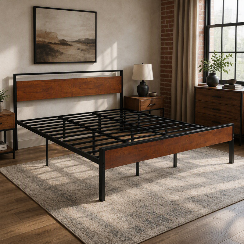 Très grande base de lit plateforme en métal avec tête de lit et rangement sous le lit 14 po