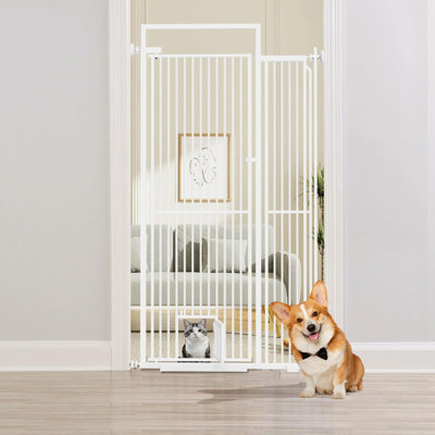 78.3" Extra Tall Pet Gate for Cat Dog, 30"-32"/40"-42" Wide Baby Gate with Cat Door, NO Drilling Pressure Mounted for Doorways, Stairs, Hallways, 1.34" Narrow Bar Spacing, White