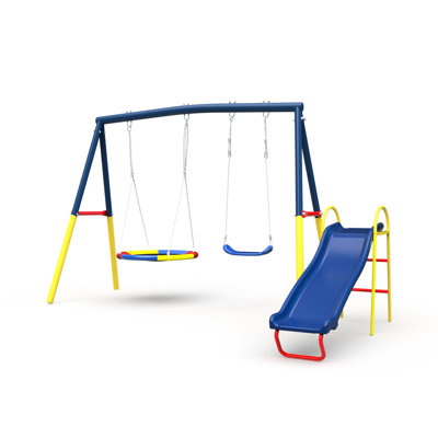 Balançoire 3 en 1, extérieur robuste avec glissoire, acier bleu