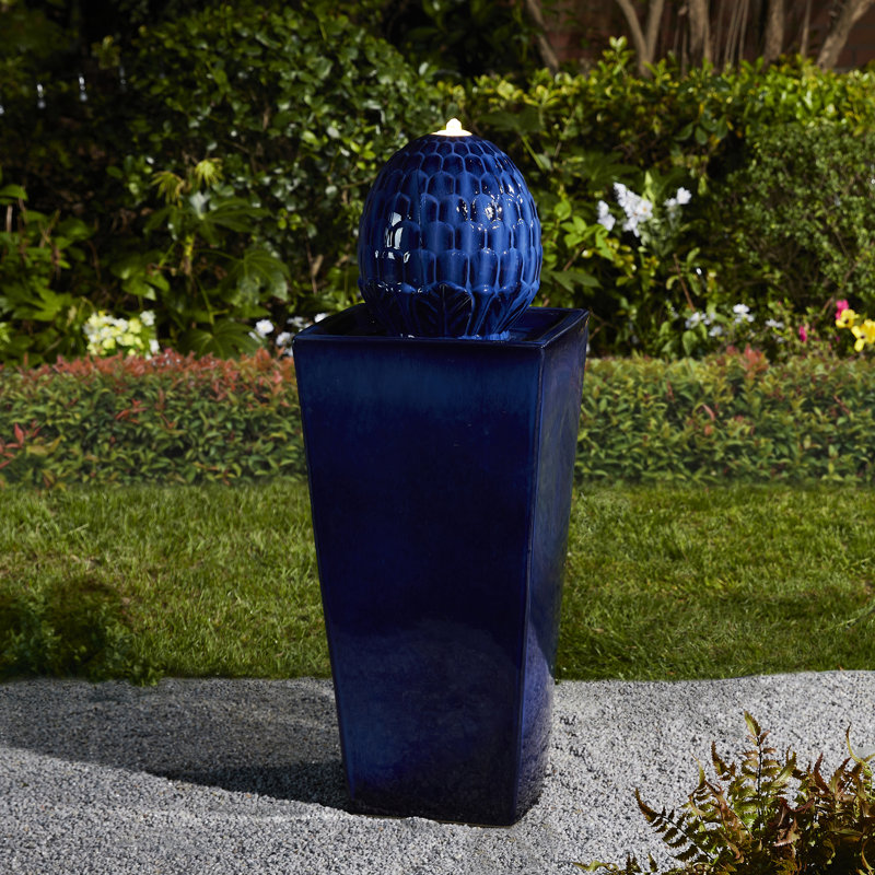 Ferrigno Weather Resistant Column Fountain with Light, Blue