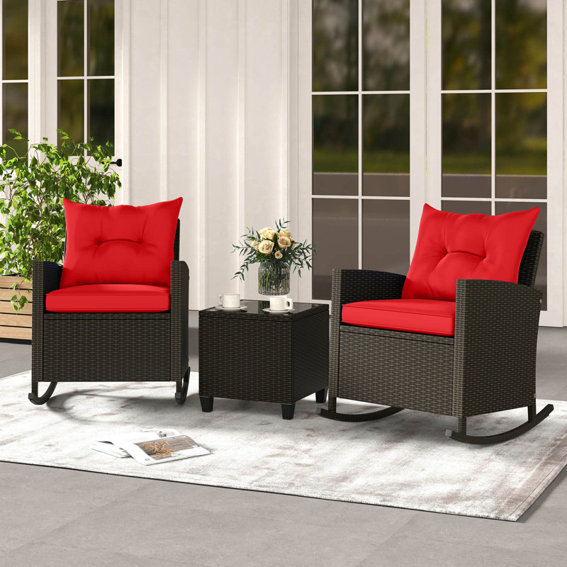 3 PCS Patio Wicker Rocking Set with Tempered Glass Table & Soft Cushions Outdoor, Red, Brown