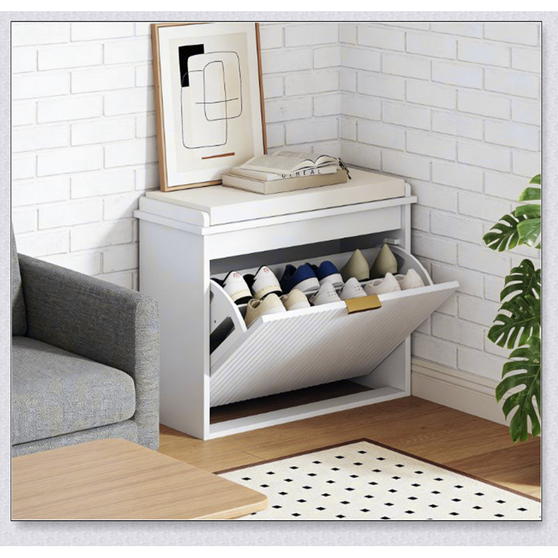 Élégant banc de rangement pour chaussures avec coussin moelleux et grand tiroir, parfait pour les sièges organisés et confortables.
