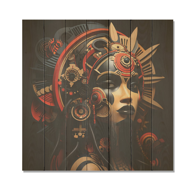 Masque africain doré et rouge - Masque africain sur bois, H 25 po x l 25 po