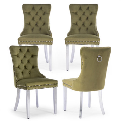 Velvet Fabric Upholstered Dining Chairs Set of 4 with Sliver Legs,Oliver Green