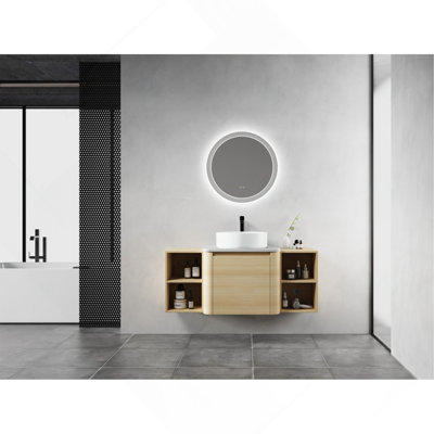 Meuble-lavabo mural 48 po en contreplaqué avec vasque en céramique, 2 tablettes de rangement et porte à fermeture en douceur