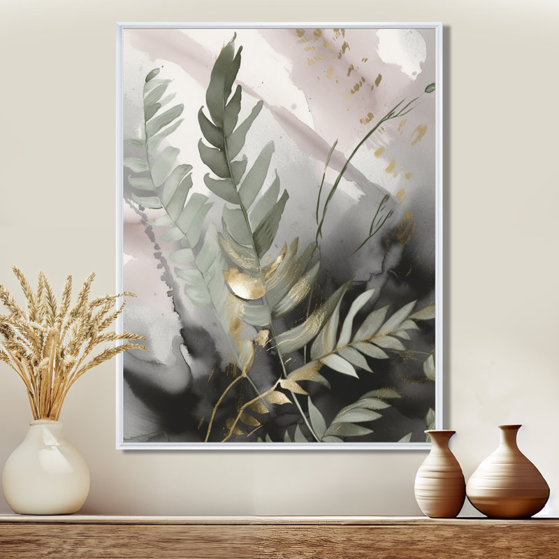 «Green Fern Whispers I», art mural fougères, H 32 po x l 16 po, Cadre flottant blanc