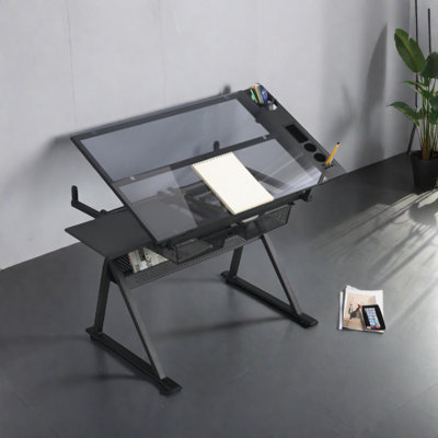 Adjustable Glass Top Drafting Table with Stool & Storage