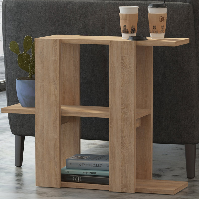 Modern C-Shaped Side Table with Open Storage, Oak