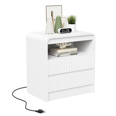 Modern Fluted Wood Nightstand with Curved Waterfall Edge, Built-In Charging Station (AC, USB & Type-C), Open Storage Shelf & 2 Drawers, 23.6" Wide Tabletop Bedroom Bedside Table, White