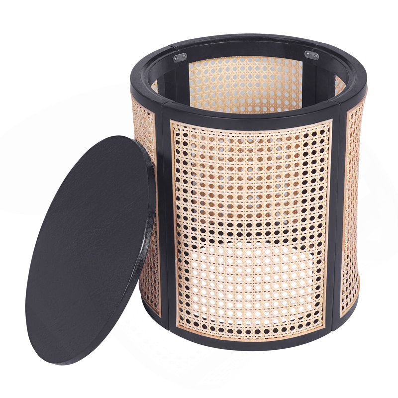 15.70" Round End Table, Hollow Woven Side Table, Small Rubber Wood Nightstand, Rattan Woven Tea Desk, Round Wood Tabletop, Chic Home Decor Desk, Easy Assembly, Black Color