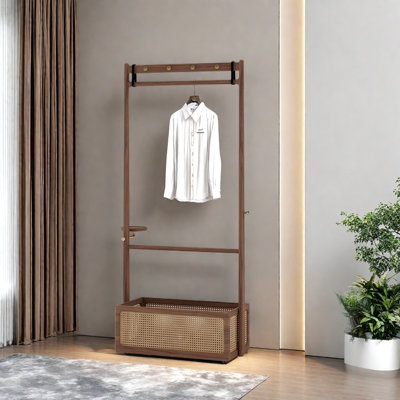 Coat Rack Double Rod Brass Hooks Round Tray Wheels