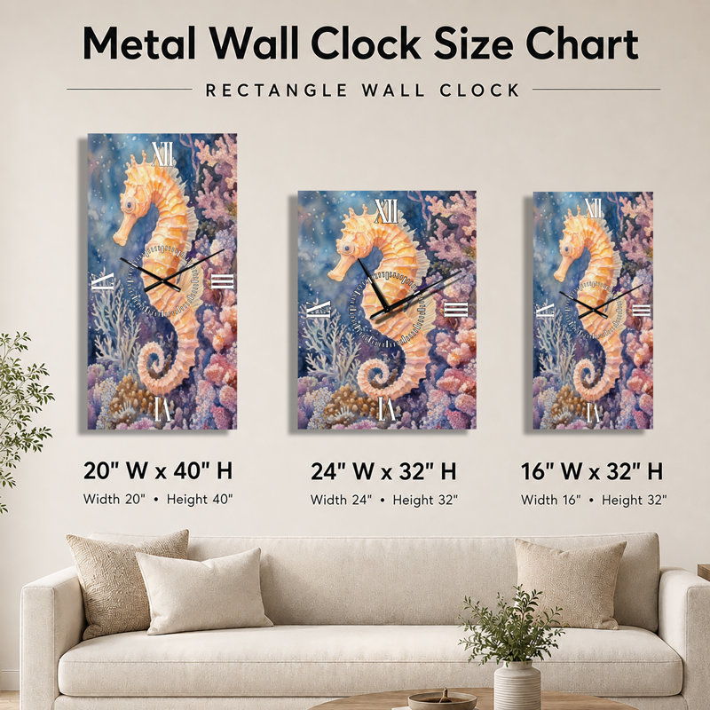 Hippocampe dans un jardin aquatique - Grande horloge murale côtière, H 32 po x l 24 po - Rectangle