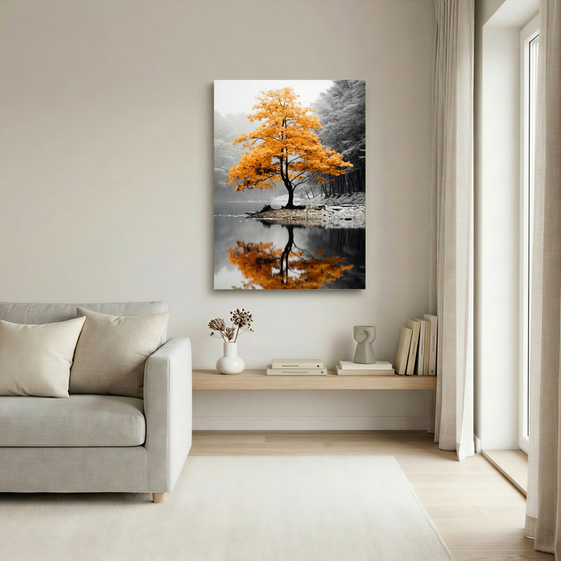 Automne érable avec réflexion sur toile tendue sur toile, ensemble de 1, H 30 po x l 20 po