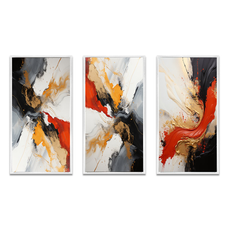 «Midnight Passion Abstract Wave» écarlate et or - ensemble de 3 impressions, Cadre blanc, H 28 po x l 36 po
