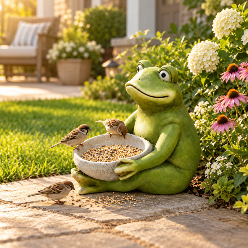 Statue grenouille verte 15 po avec bol pour décoration de jardin extérieur et alimentation des oiseaux