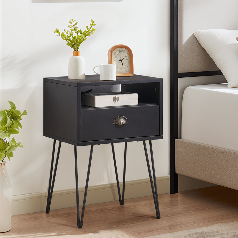Kempst 23.7" H 1-Drawer Iron Nightstand , Black