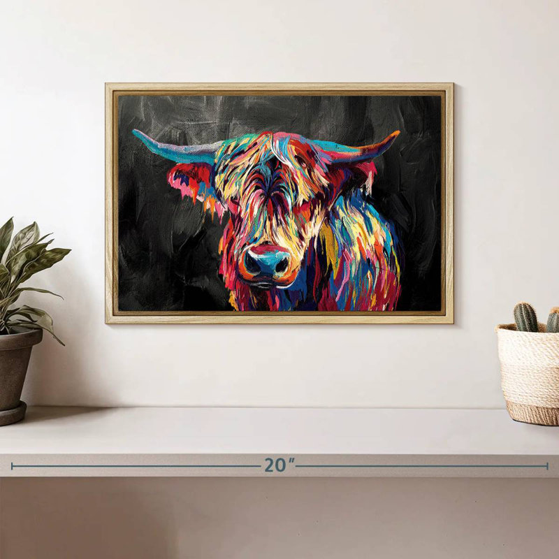Colourful Highland Cow, Floating Frame Natural Wood, 13" X 9"