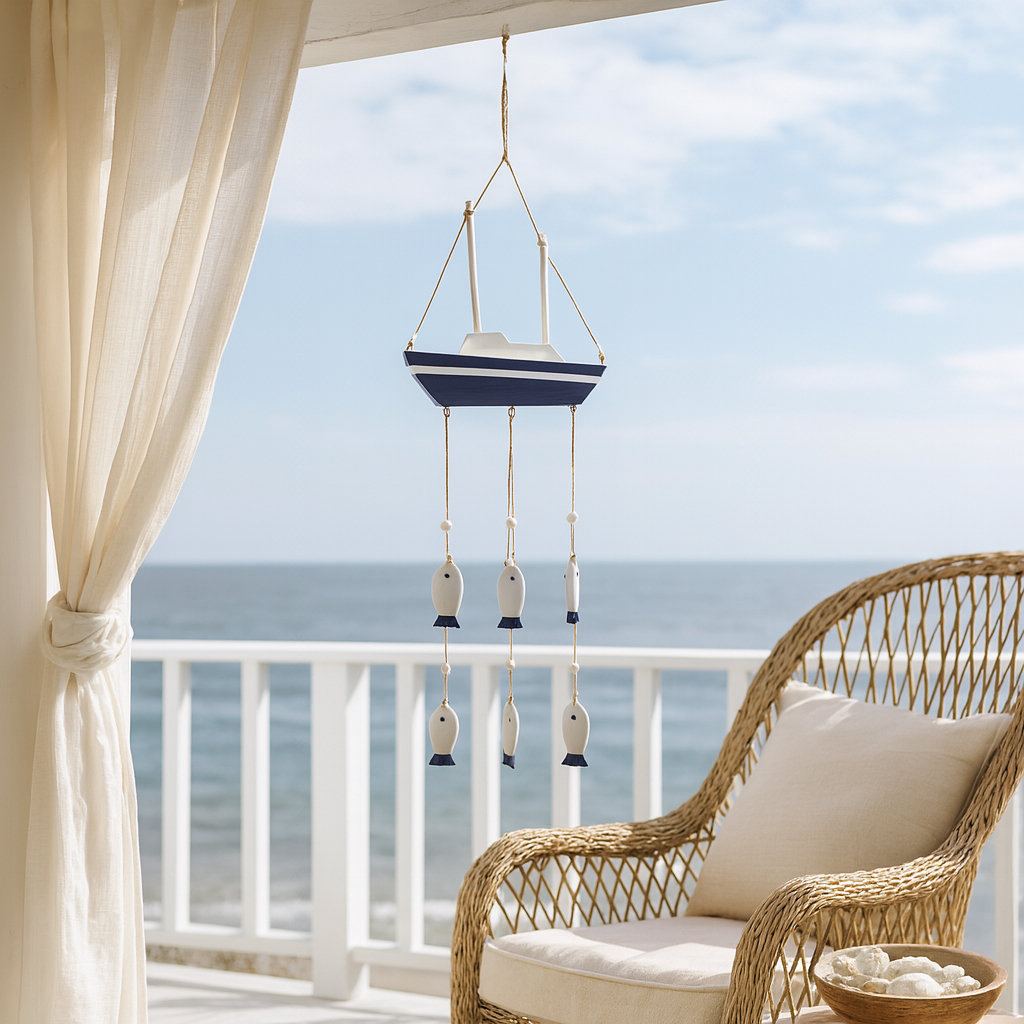 Wooden 39-Inch Sailboat Featuring Hanging Fish in Multicolor, Crafted from Wood and Jute Arlmont & Co.