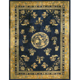 Antique Art Deco Chinese Floral, Medallion Blue Navy, Ivory Beige Cream White 1920s Rug