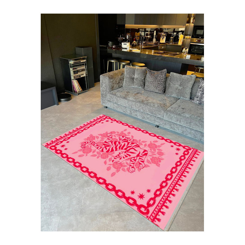 Tapis décoratif rose et rouge à motif de chaîne et de fleurs, Sous-tapis rectangulaire 3 pi 11 po x 5 pi 11 po i