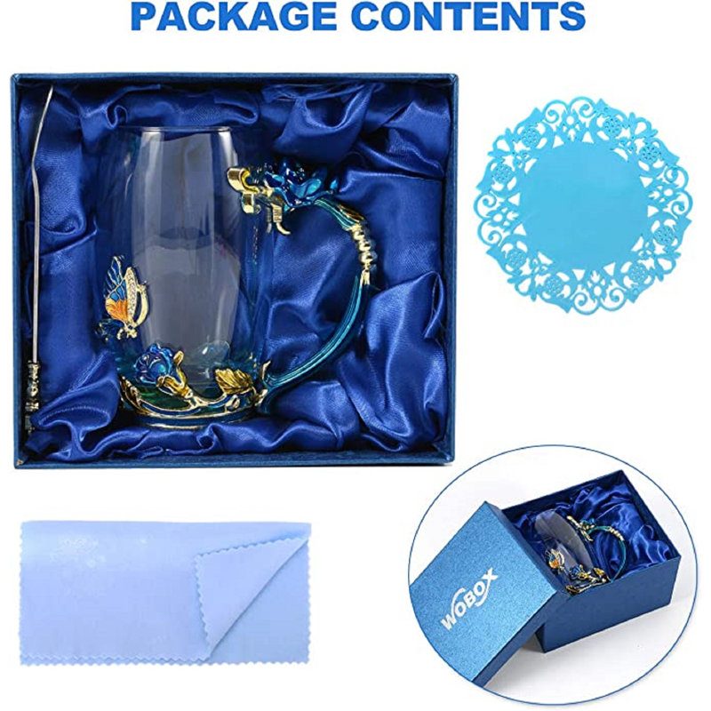 Tasse à café tasse à thé avec cuillère en émail fait à la main fleur pour femme (paquet de 2), Bleu / Transparent