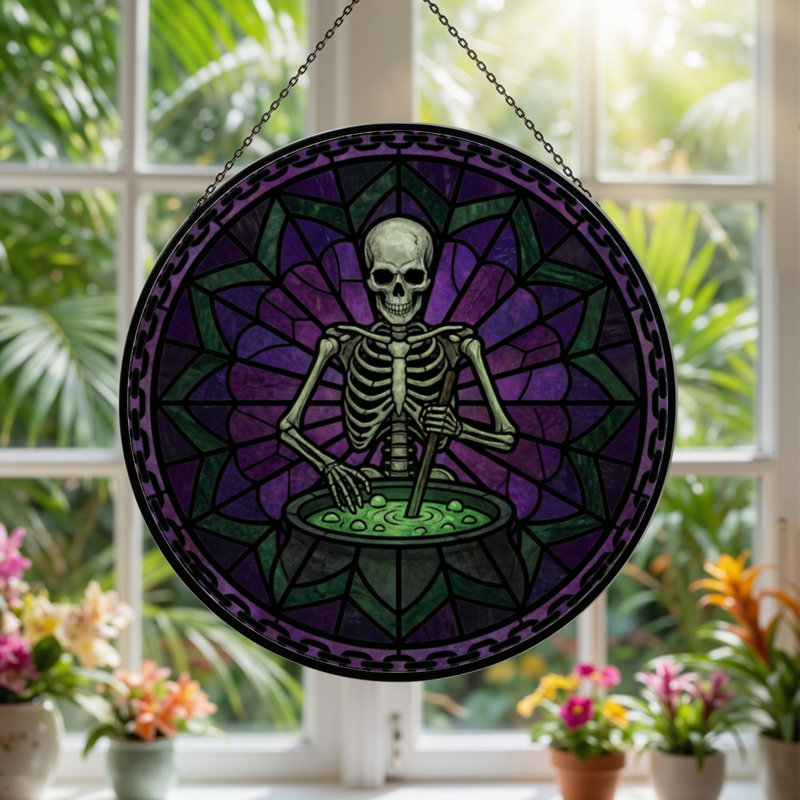 Panneau de vitrail en verre coloré 12 "H Skeleton Cauldron