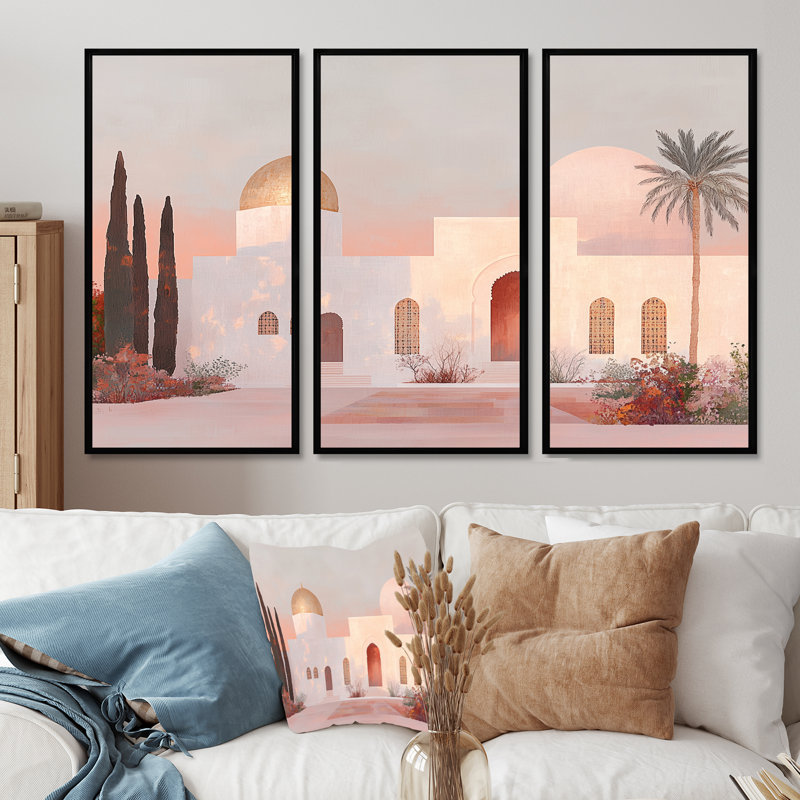 Rose marocain rétro accentué d'or - ensemble d'art mural marocain, H 28 po x l 36 po x P 1 po, Toile avec cadre flottant noir