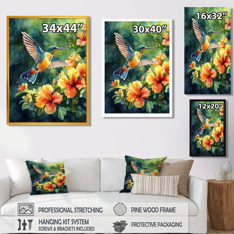 Hibiscus, art mural colibri, Dicleville, H 32 po x l 16 po, Toile tendue