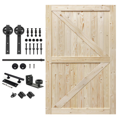 Panelled Wood Unfinished Barn Door with Installation Hardware Kit Big Wheel