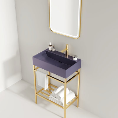 Bathroom Vanity Ceramic Basin - Glossy Purple Rectangular, 24" Freestanding Sink, Gold Metal Leg, Compact Storage For Console Open Practical