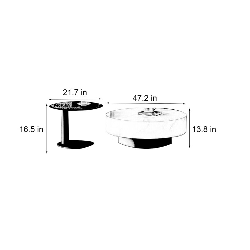 Table basse moderne simple ronde en marbre, Blanc / Gris, H 13,8 po x L 47,2 po x l 47,2 po