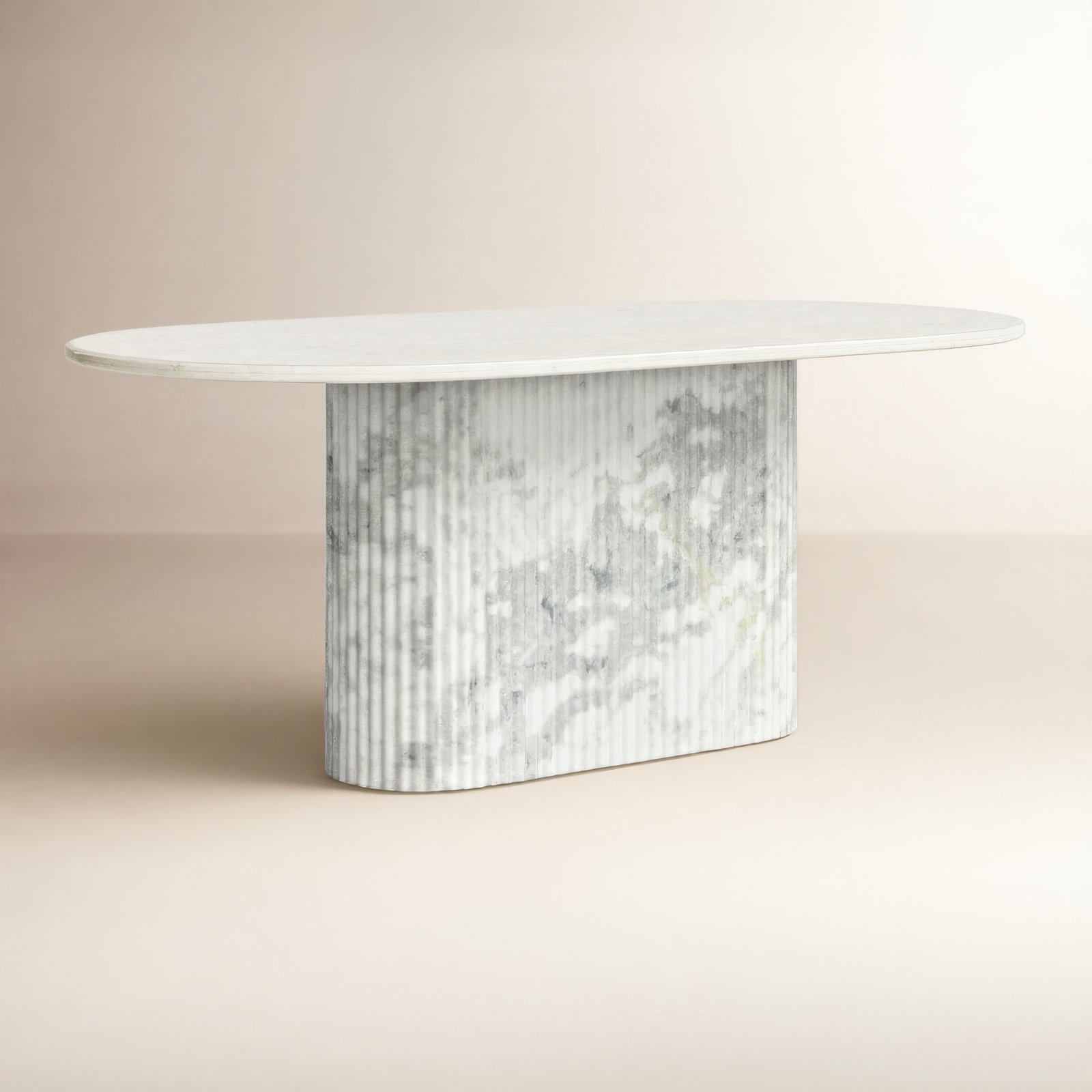 Holloman 74'' Oval Marble Dining Table, Polished White Marble/White Scalloped Marble