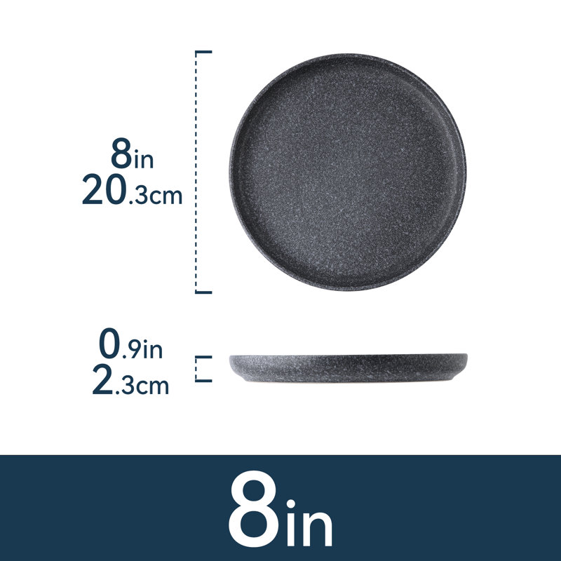 Ozetta 8-inch Gourmet Stoneware Dessert Plate Set, Reactive Glaze Slate Black, Black